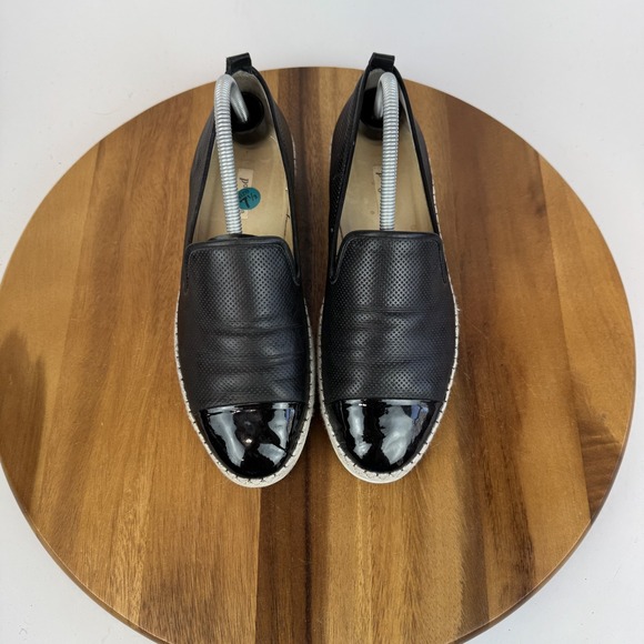 Womens Paul Green Black Leather Perforated Espadrille Cap Toe Loafers Size 8.5 M